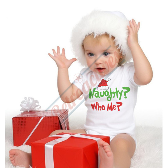 Naughty? Who Me? Grinch Themed Infant and Toddler Bodysuit - Cotton Onesie - Short Sleeve - Many Sizes