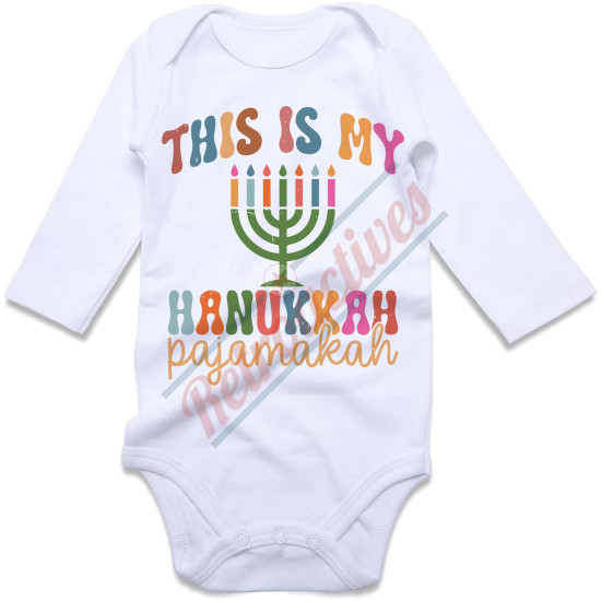 This Is My Hanukkah Pajamakah - Humorous Hanukkah Infant and Toddler Bodysuit - Cotton Onesie - Long Sleeve - Many Sizes