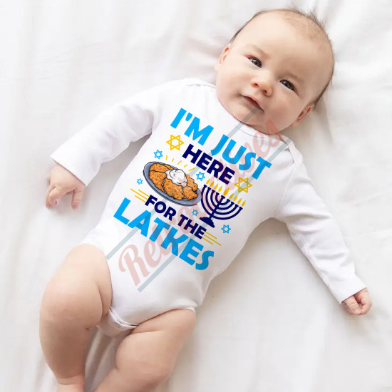 I'm Just Here For The Latkes - Humorous Hanukkah Infant and Toddler Bodysuit - Cotton Onesie - Long Sleeve - Many Sizes