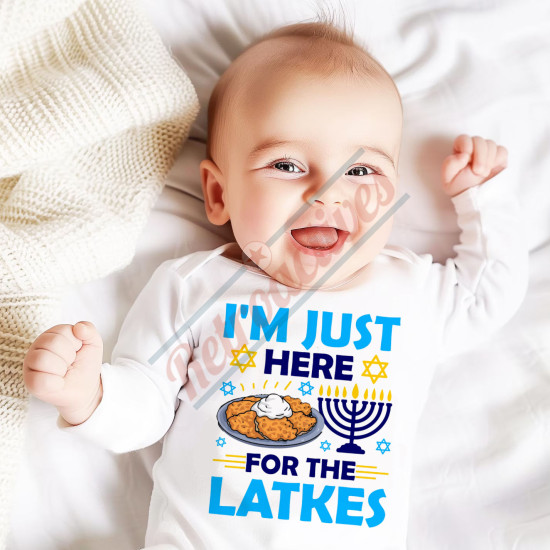 I'm Just Here For The Latkes - Humorous Hanukkah Infant and Toddler Bodysuit - Cotton Onesie - Long Sleeve - Many Sizes