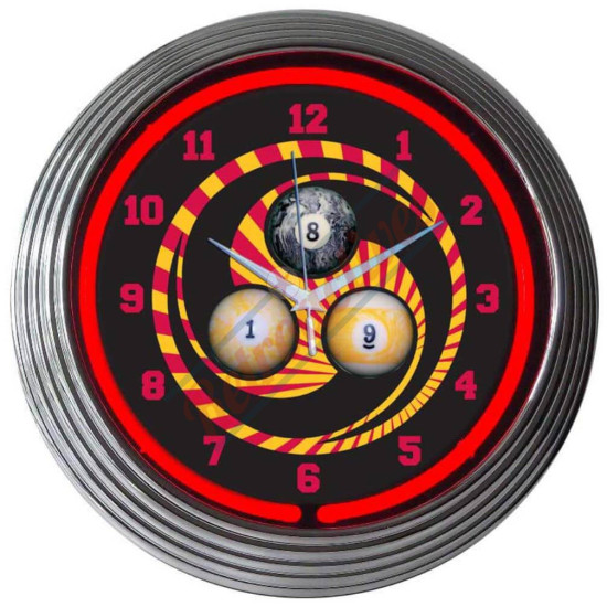 Pool and Billiards 1-8-9 Balls Red Neon Clock