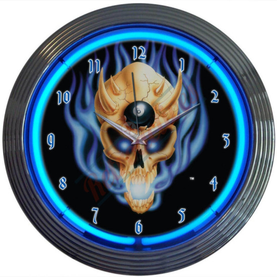 Pool and Billiards Eight Ball Skull Blue Neon Clock