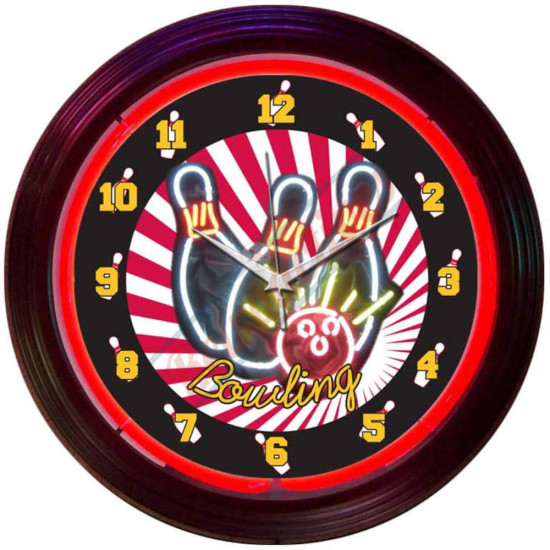 Retro Bowling Red Neon Clock